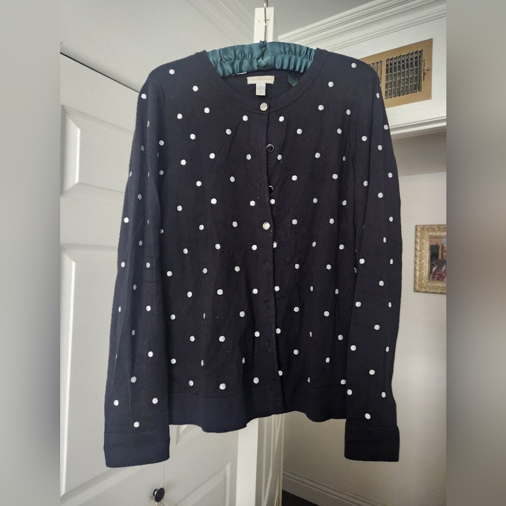 Charter Club Women’s Silver Button,Black Cardigan White Polka Dots, Size XL,